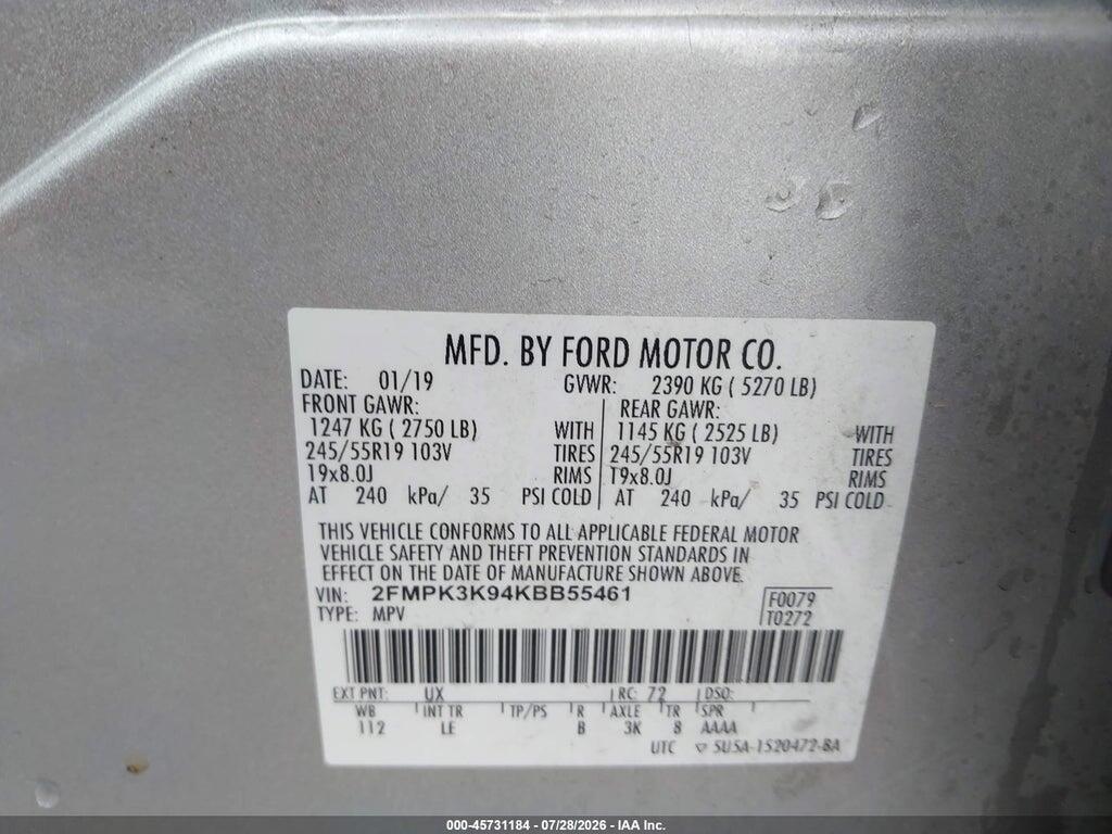 2FMPK3K94KBB55461 2019 FORD EDGE photo no. 9