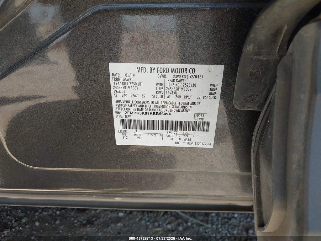 2FMPK3K98KBB56094 2019 FORD EDGE photo no. 9