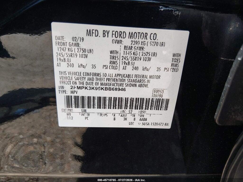 2FMPK3K95KBB68946 2019 FORD EDGE photo no. 9