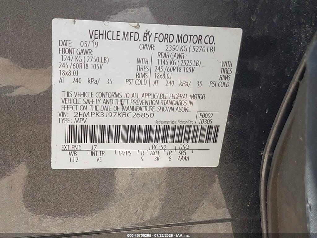2FMPK3J97KBC26850 2019 FORD EDGE photo no. 9