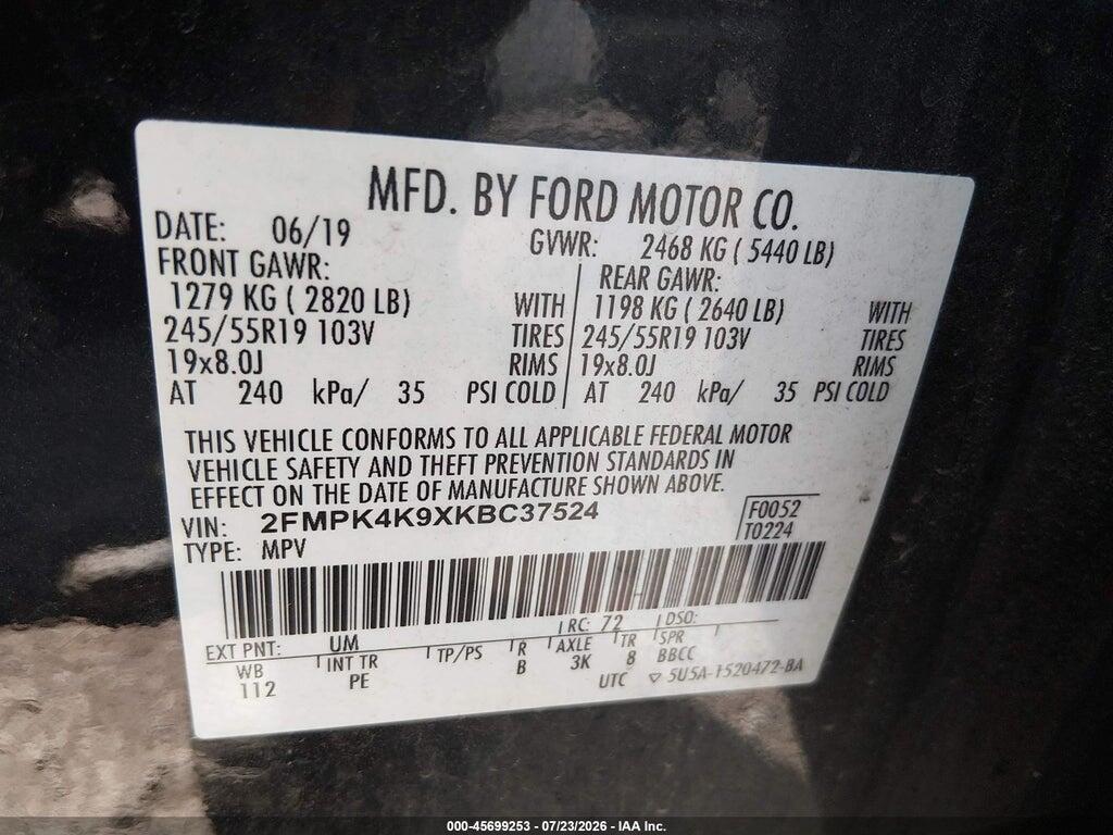 2FMPK4K9XKBC37524 2019 FORD EDGE photo no. 9
