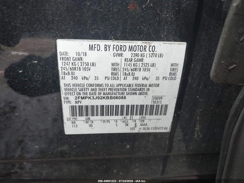 2FMPK3J92KBB08088 2019 FORD EDGE photo no. 9