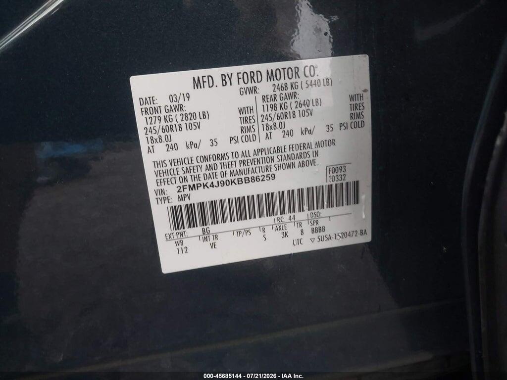 2FMPK4J90KBB86259 2019 FORD EDGE photo no. 9