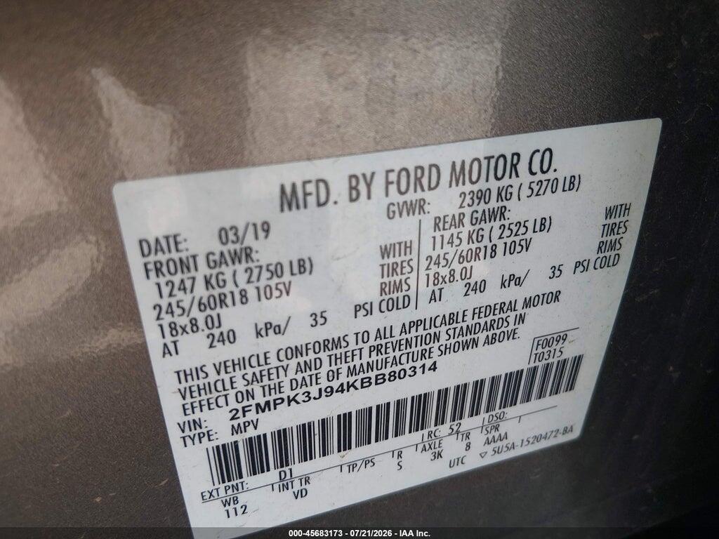 2FMPK3J94KBB80314 2019 FORD EDGE photo no. 9