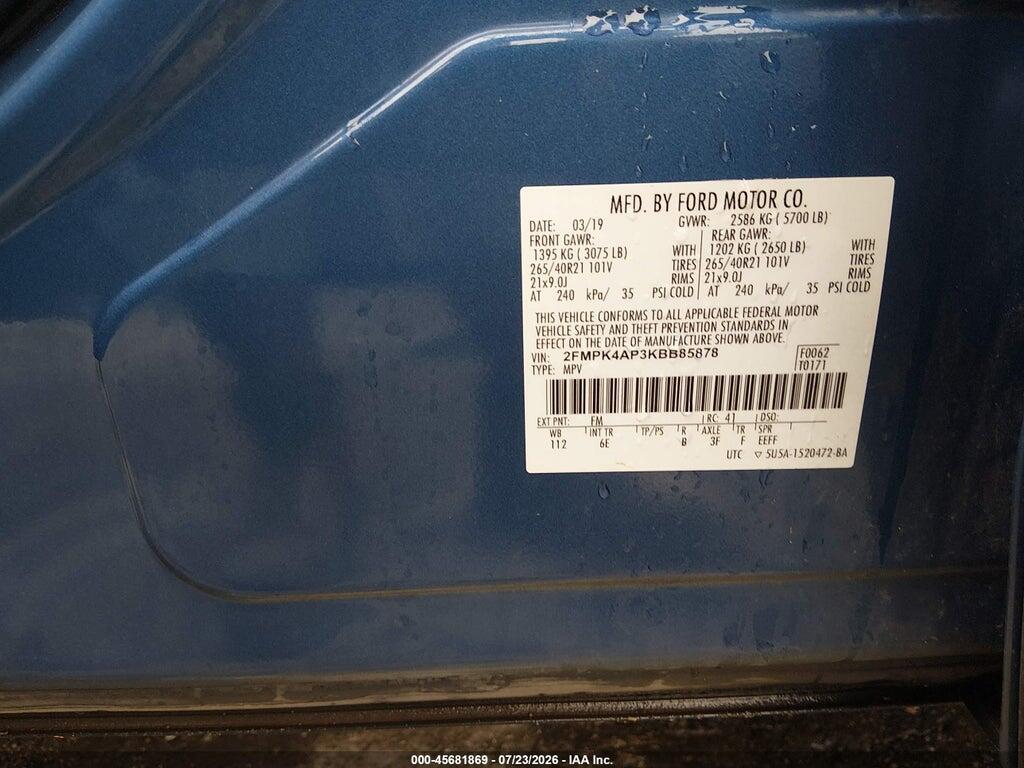 2FMPK4AP3KBB85878 2019 FORD EDGE photo no. 9
