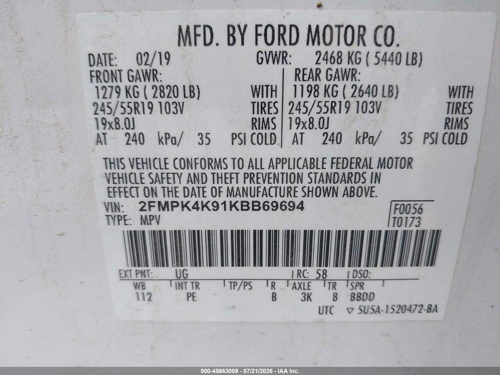 2FMPK4K91KBB69694 2019 FORD EDGE photo no. 9