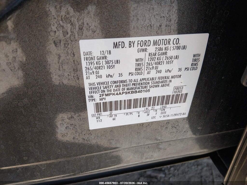 2FMPK4AP9KBB40105 2019 FORD EDGE photo no. 9