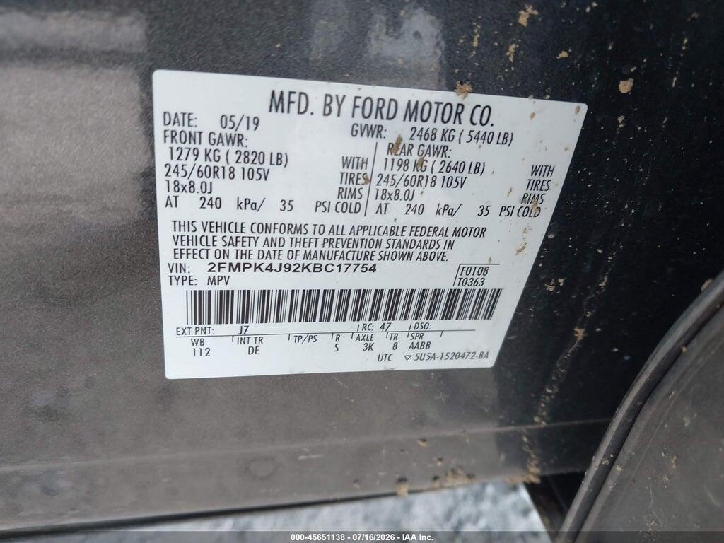 2FMPK4J92KBC17754 2019 FORD EDGE photo no. 9