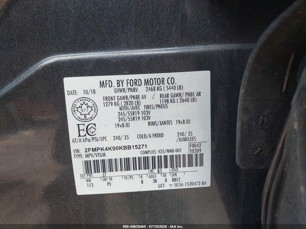 2FMPK4K90KBB15271 2019 FORD EDGE photo no. 9