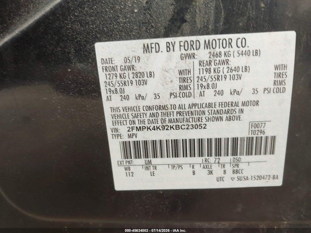 2FMPK4K92KBC23052 2019 FORD EDGE photo no. 9