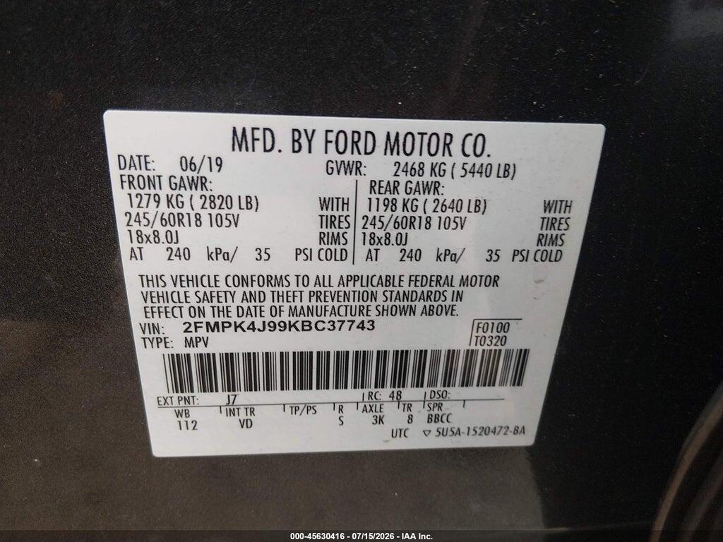 2FMPK4J99KBC37743 2019 FORD EDGE photo no. 9