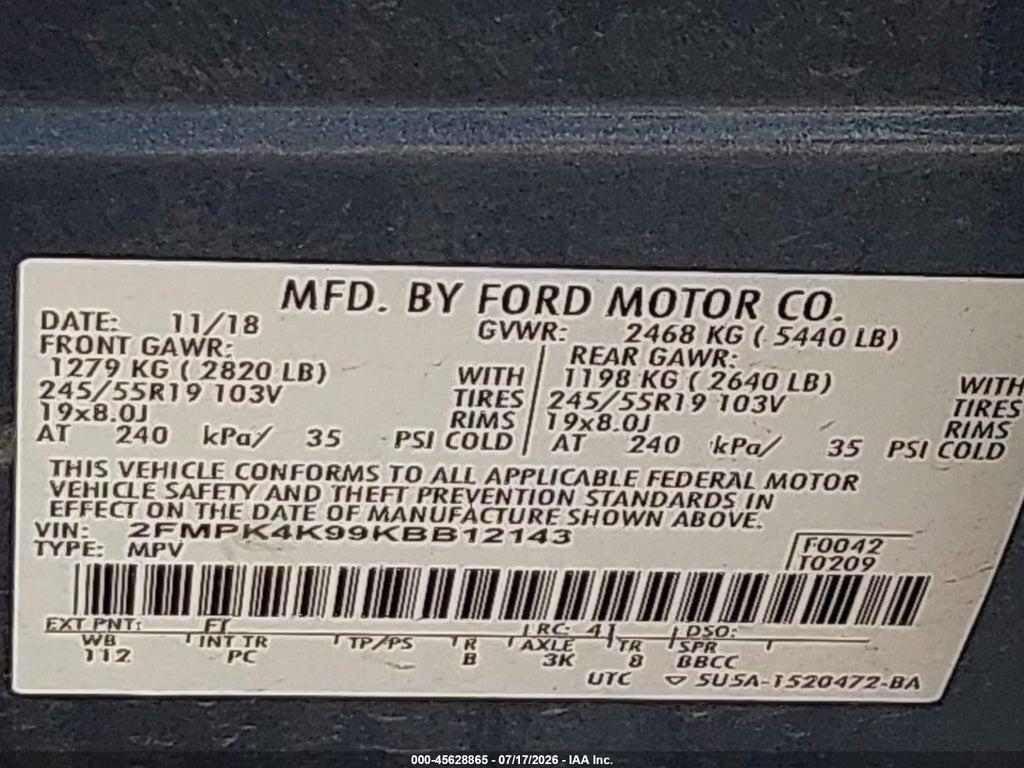 2FMPK4K99KBB12143 2019 FORD EDGE photo no. 9
