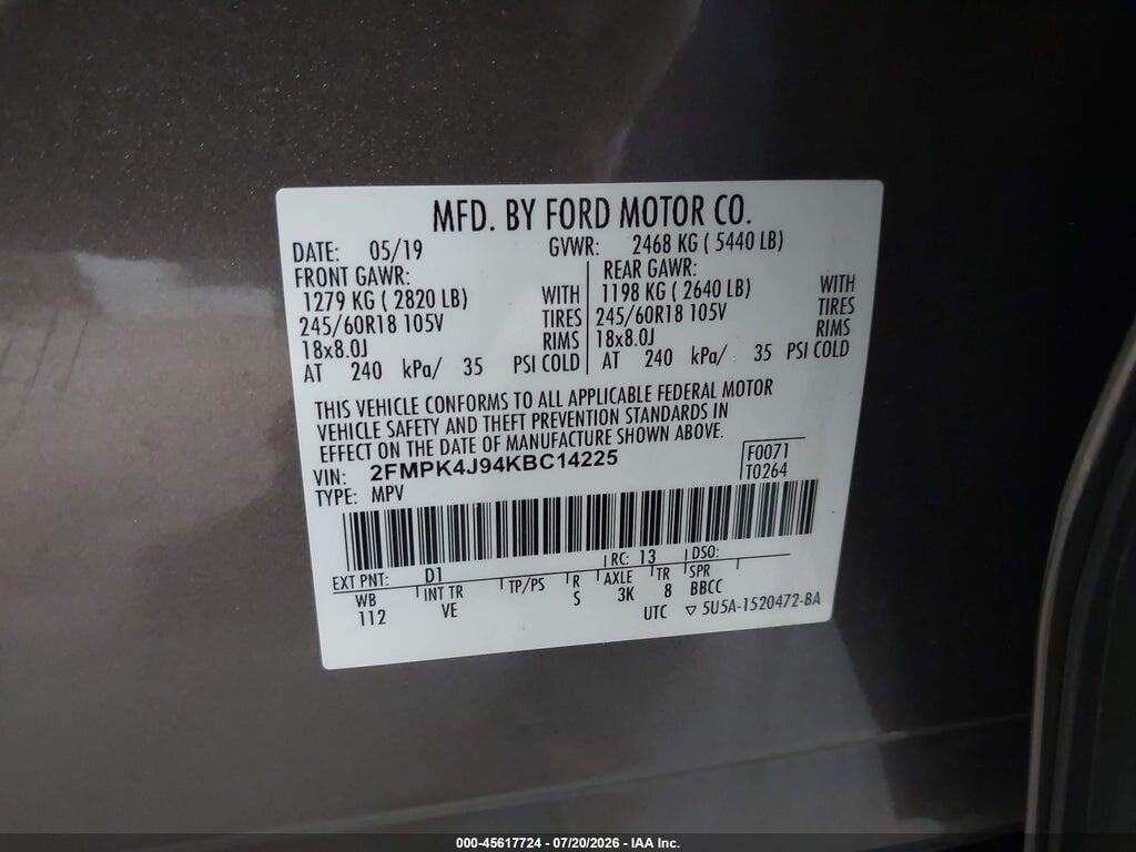 2FMPK4J94KBC14225 2019 FORD EDGE photo no. 9