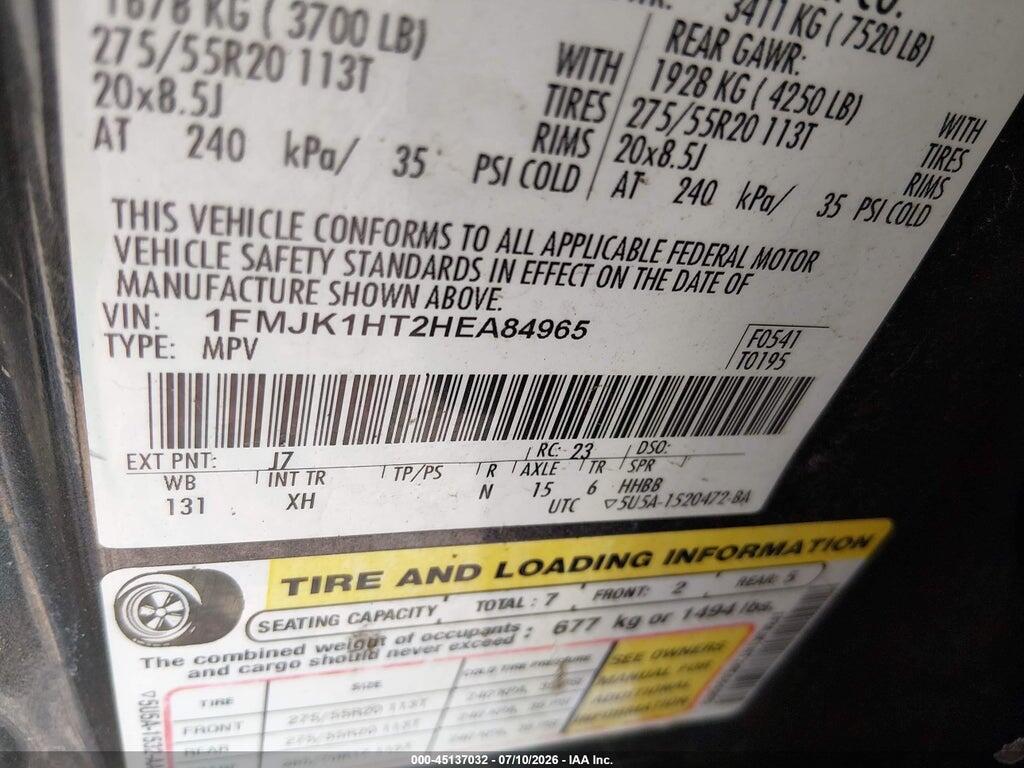 1FMJK1HT2HEA84965 2017 FORD EXPEDITION EL photo no. 9