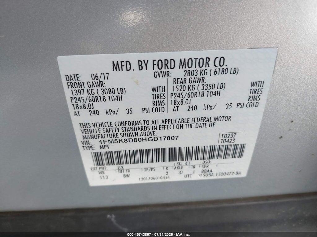 1FM5K8D80HGD17807 2017 FORD EXPLORER photo no. 9