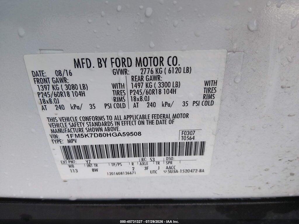 1FM5K7D80HGA59508 2017 FORD EXPLORER photo no. 9