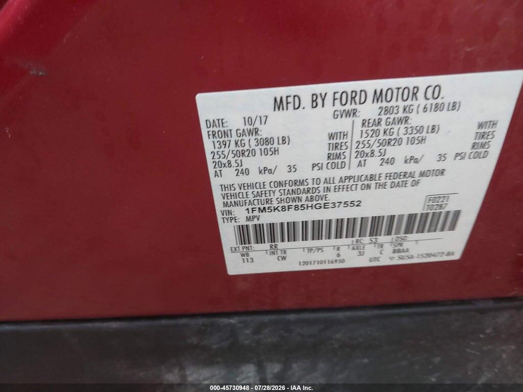 1FM5K8F85HGE37552 2017 FORD EXPLORER photo no. 9