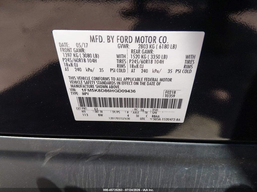 1FM5K8D86HGD09436 2017 FORD EXPLORER photo no. 9