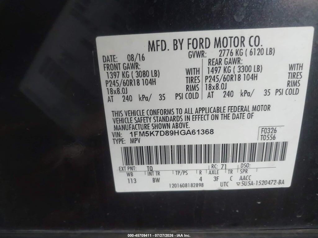 1FM5K7D89HGA61368 2017 FORD EXPLORER photo no. 9