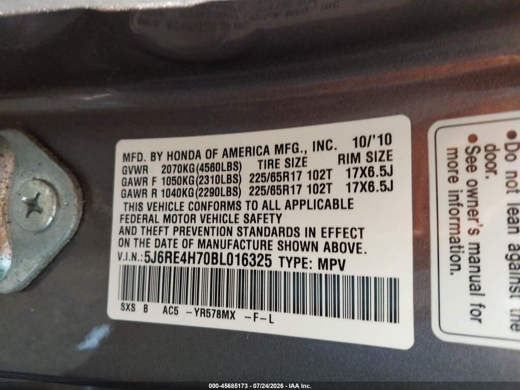 5J6RE4H70BL016325 2011 HONDA CR-V photo no. 9