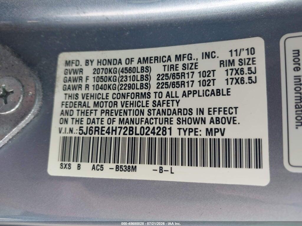5J6RE4H72BL024281 2011 HONDA CR-V photo no. 9