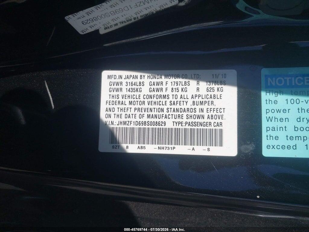 JHMZF1D69BS008629 2011 HONDA CR-Z photo no. 9