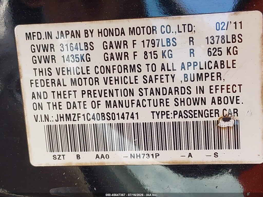 JHMZF1C40BS014741 2011 HONDA CR-Z photo no. 9