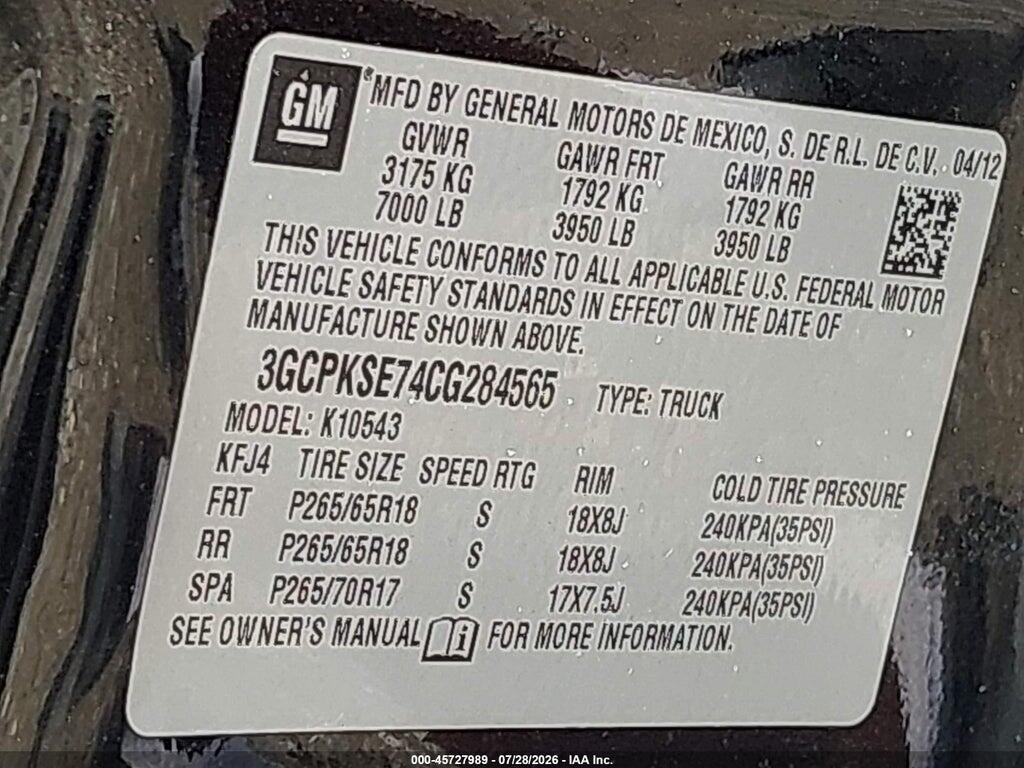 3GCPKSE74CG284565 2012 CHEVROLET SILVERADO 1500 photo no. 9