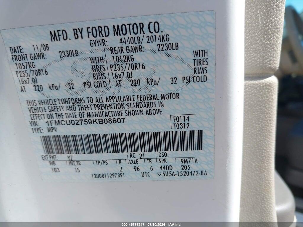 1FMCU02759KB08607 2009 FORD ESCAPE photo no. 9
