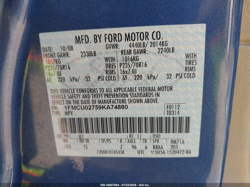 1FMCU02759KA74880 2009 FORD ESCAPE photo no. 9