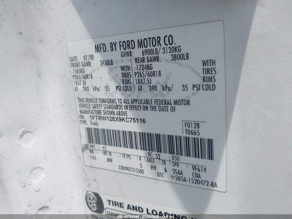 1FTRW128X9KC75116 2009 FORD F-150 photo no. 9