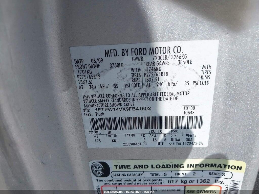 1FTPW14VX9FB41502 2009 FORD F-150 photo no. 9