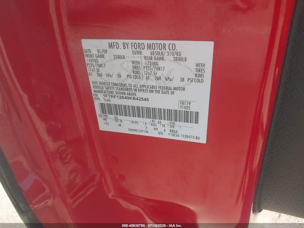 1FTRF12849KB42545 2009 FORD F-150 photo no. 9