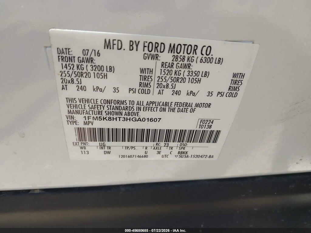 1FM5K8HT3HGA01607 2017 FORD EXPLORER photo no. 9