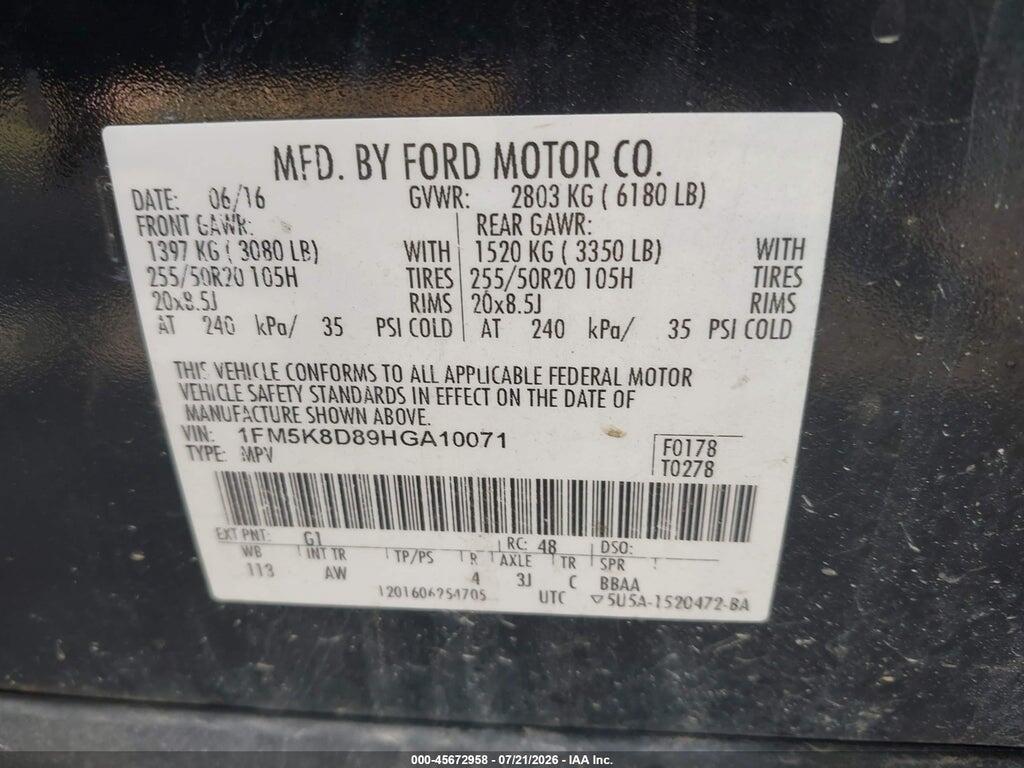 1FM5K8D89HGA10071 2017 FORD EXPLORER photo no. 9
