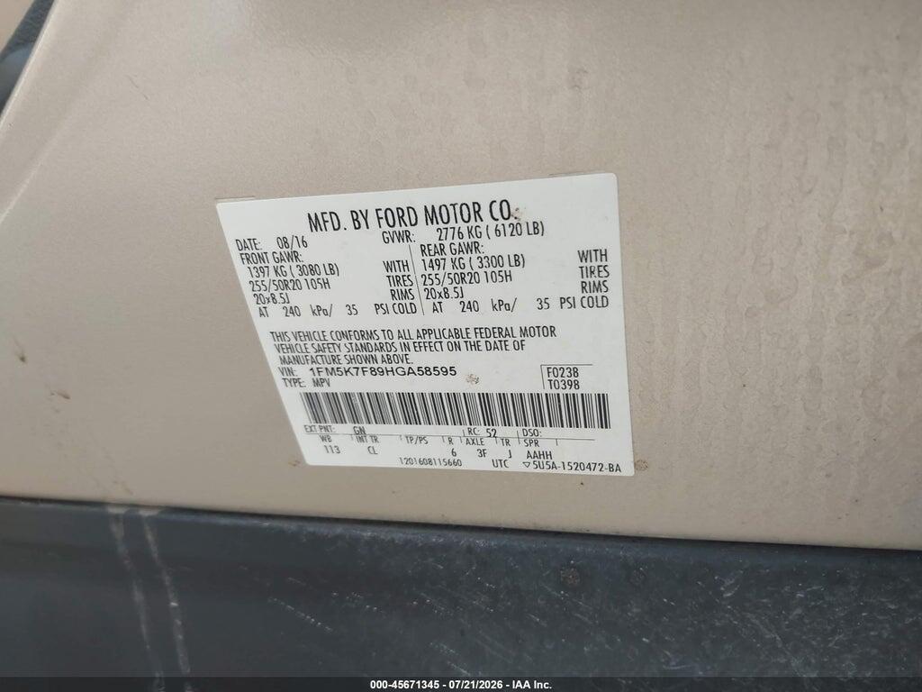 1FM5K7F89HGA58595 2017 FORD EXPLORER photo no. 9