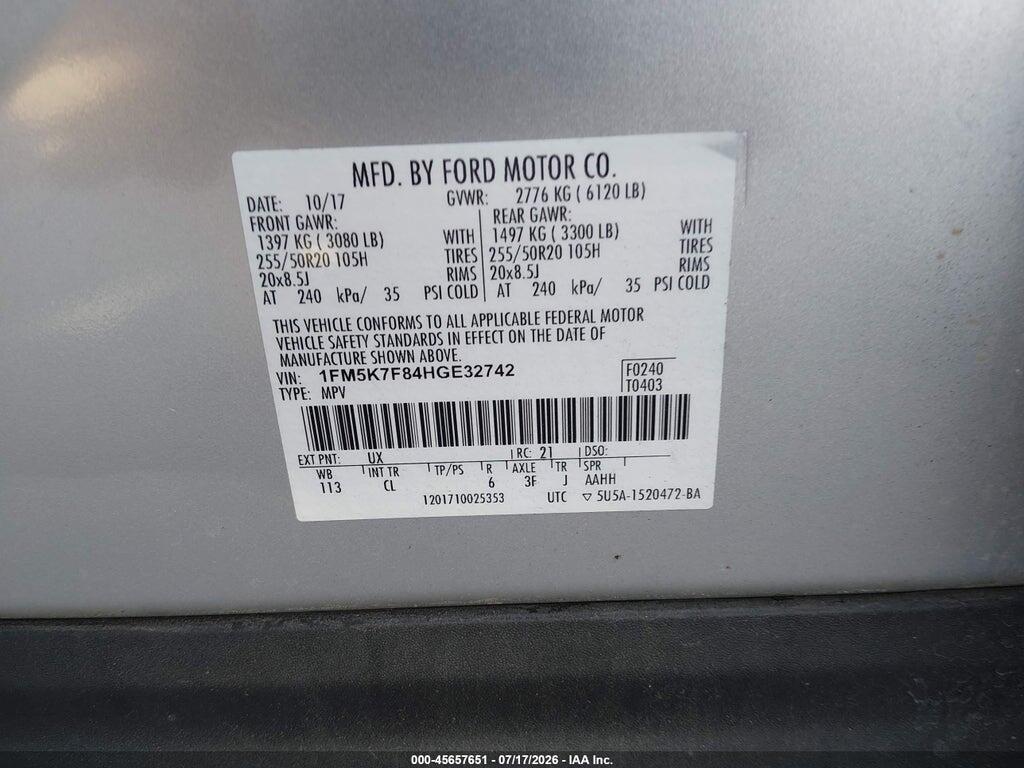 1FM5K7F84HGE32742 2017 FORD EXPLORER photo no. 9