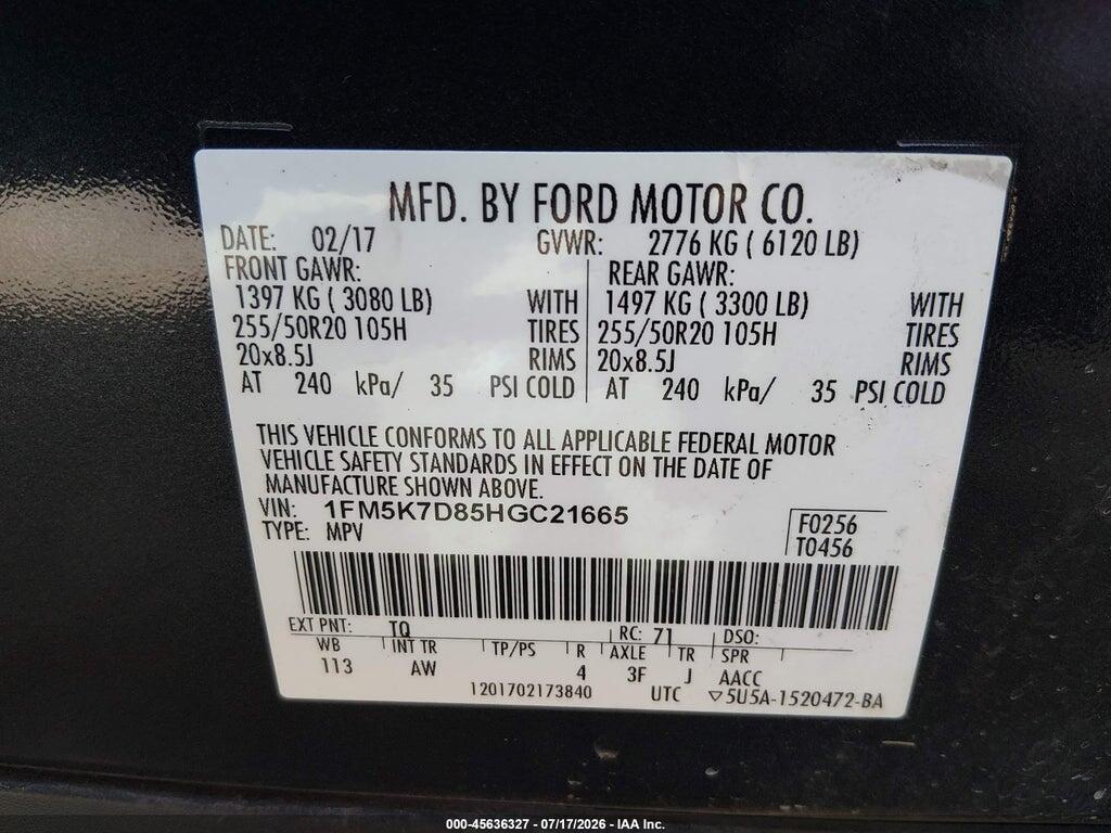 1FM5K7D85HGC21665 2017 FORD EXPLORER photo no. 9