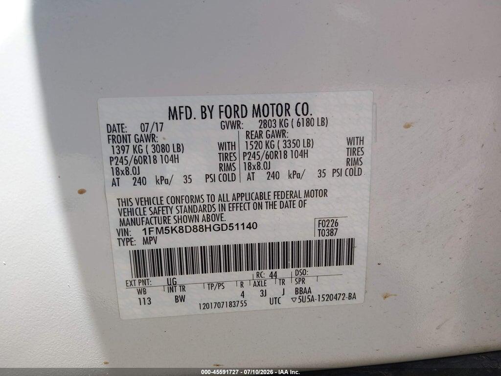 1FM5K8D88HGD51140 2017 FORD EXPLORER photo no. 9