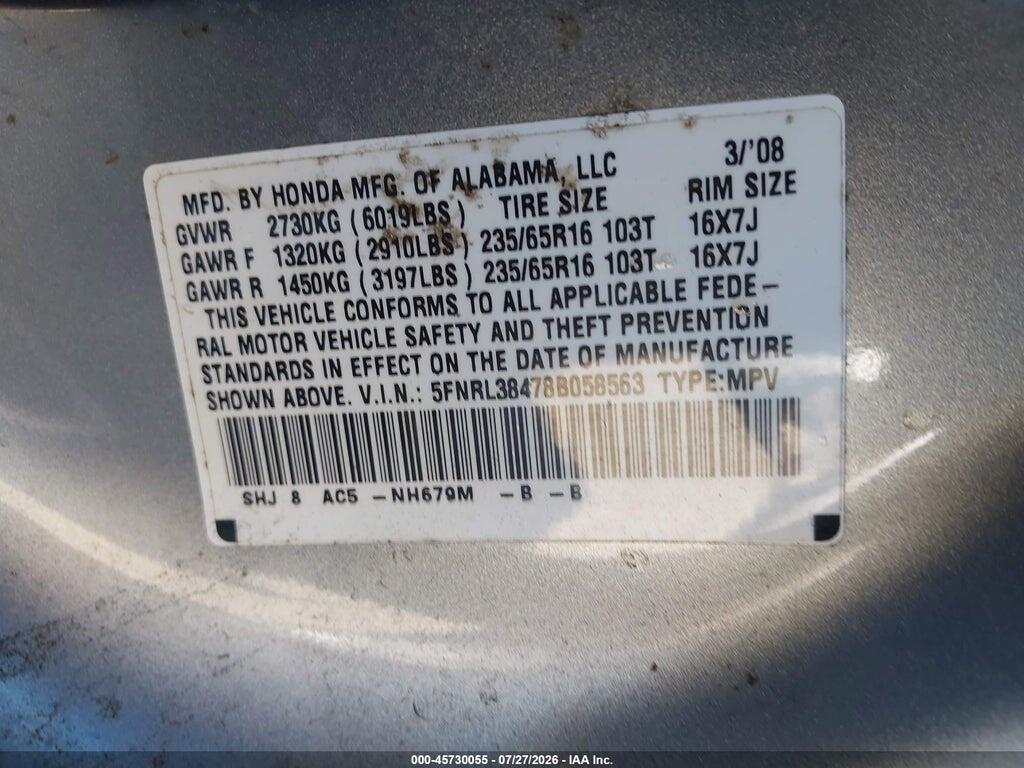 5FNRL38478B058563 2008 HONDA ODYSSEY photo no. 9
