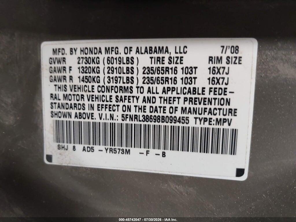 5FNRL38698B099455 2008 HONDA ODYSSEY photo no. 9