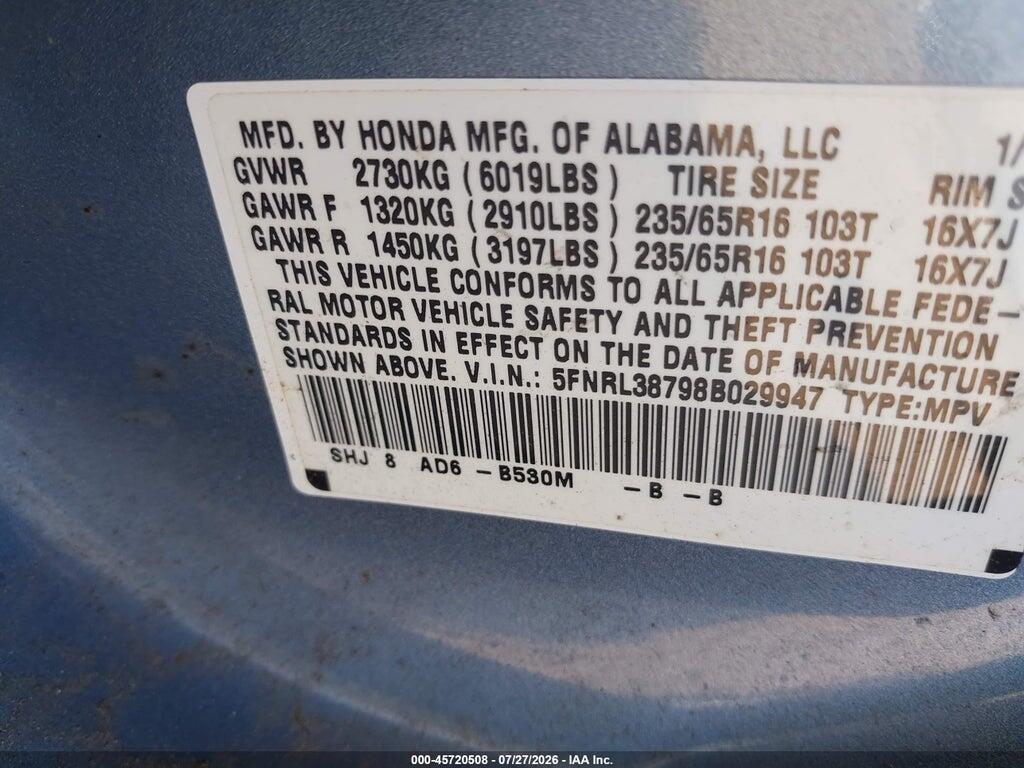 5FNRL38798B029947 2008 HONDA ODYSSEY photo no. 9