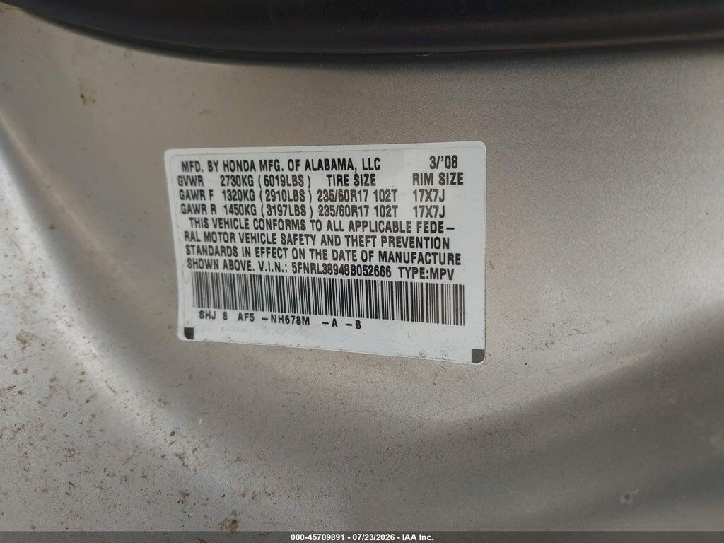 5FNRL38948B052666 2008 HONDA ODYSSEY photo no. 9