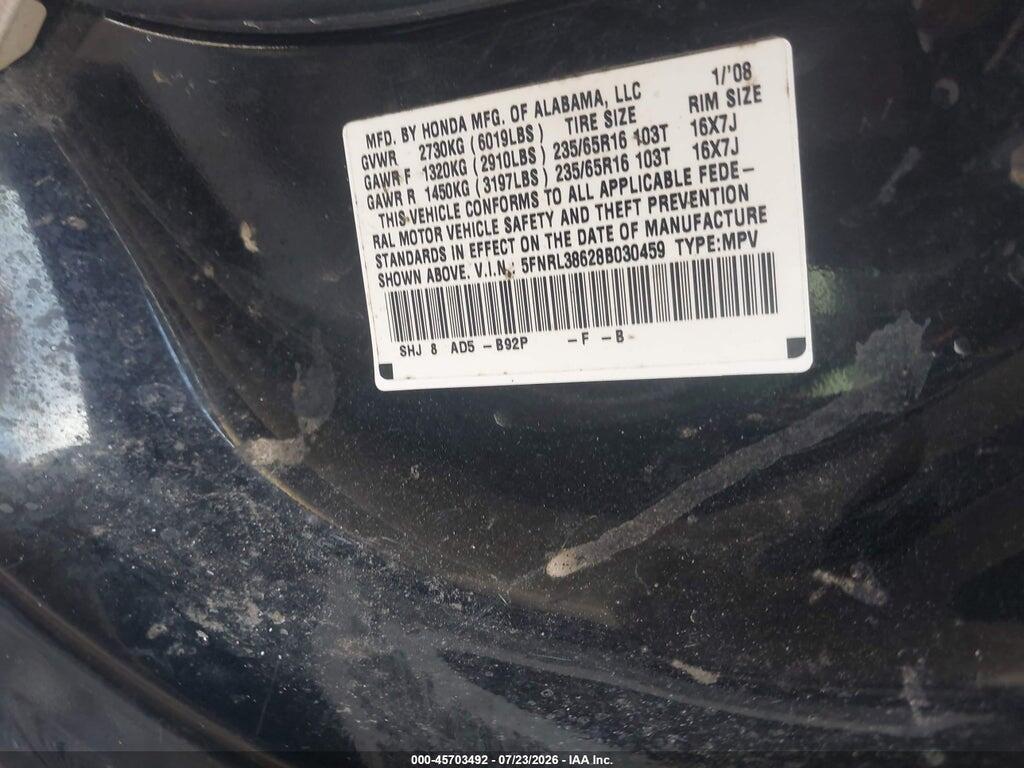 5FNRL38628B030459 2008 HONDA ODYSSEY photo no. 9