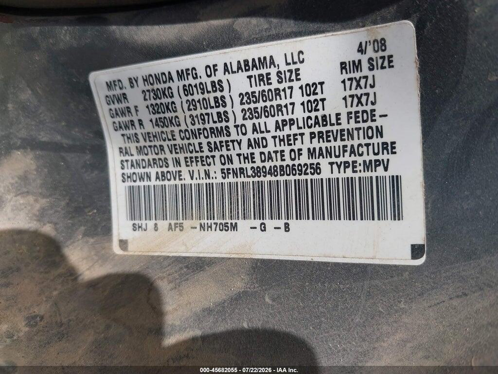 5FNRL38948B069256 2008 HONDA ODYSSEY photo no. 9