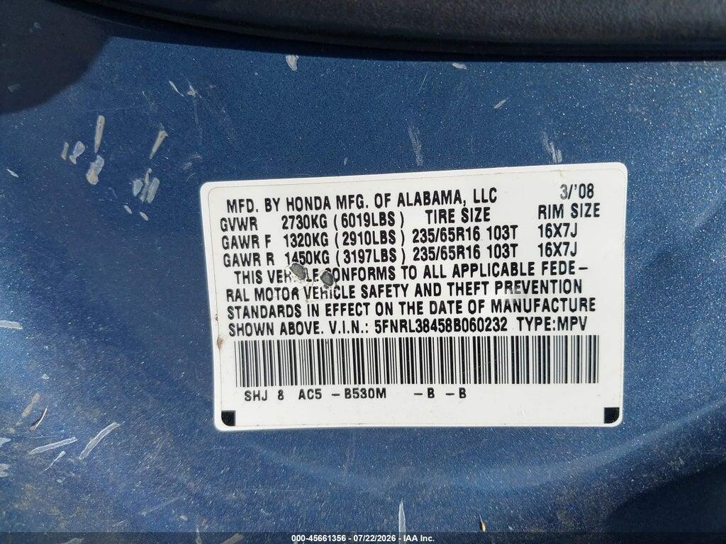 5FNRL38458B060232 2008 HONDA ODYSSEY photo no. 9