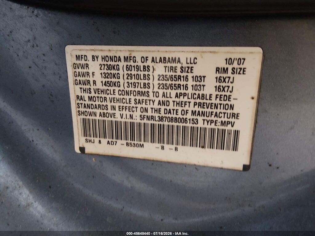 5FNRL38708B006153 2008 HONDA ODYSSEY photo no. 9