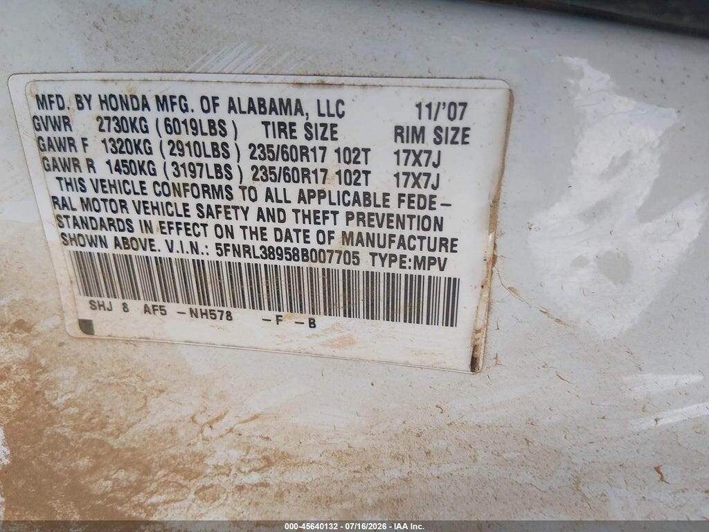 5FNRL38958B007705 2008 HONDA ODYSSEY photo no. 9