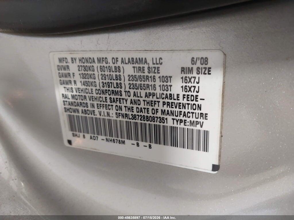 5FNRL38728B087351 2008 HONDA ODYSSEY photo no. 9