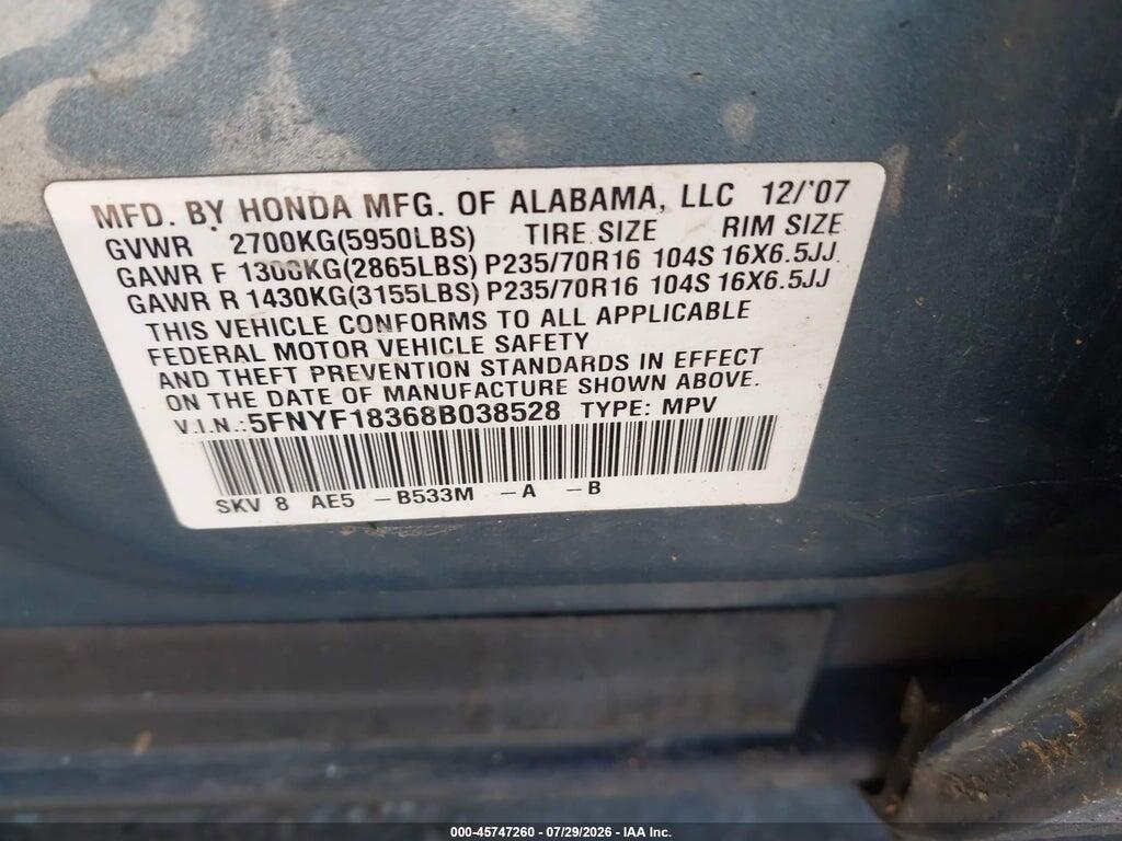 5FNYF18368B038528 2008 HONDA PILOT photo no. 9